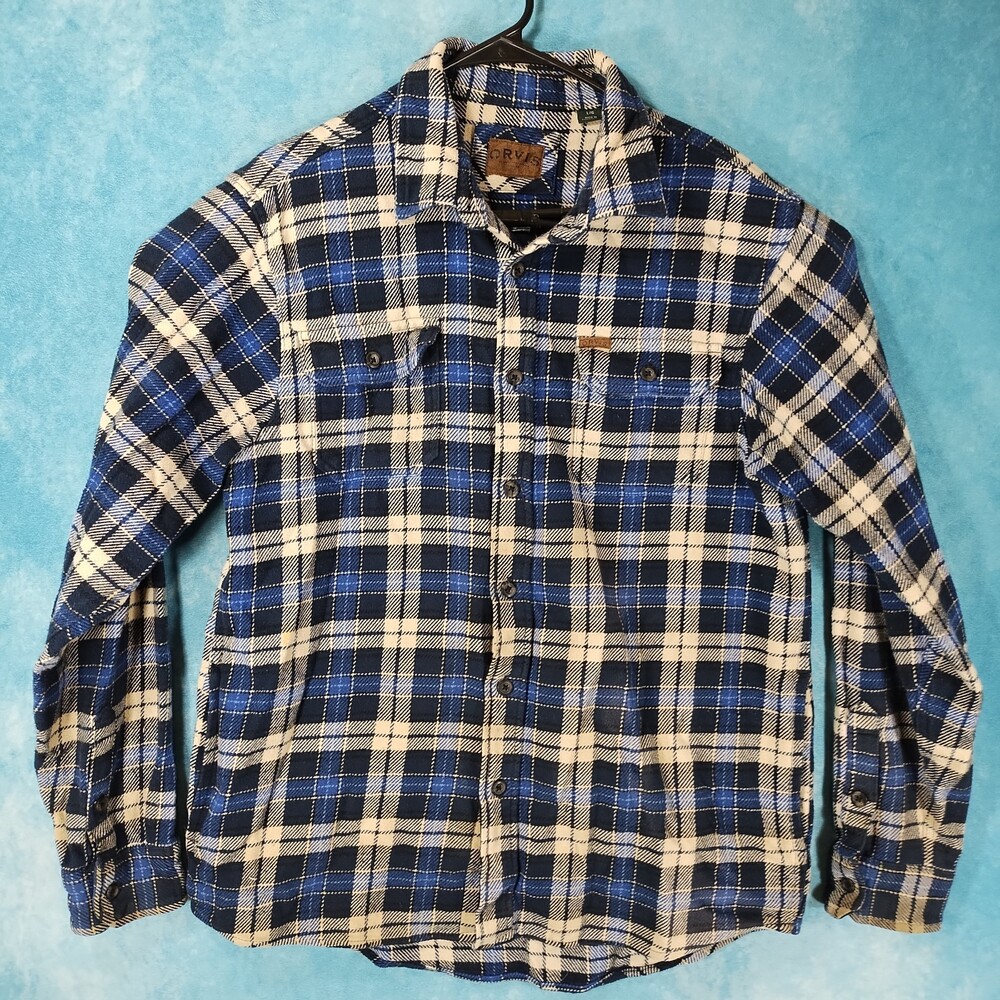 ORVIS Men's Plaid Flannel Overshirt/Shacket/Shirt/Jacket, Blue/White, Size Large